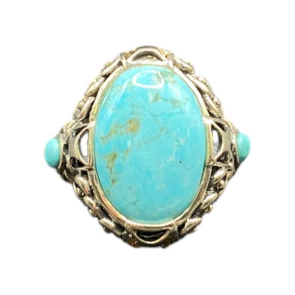 Turquoise Ring Sterling Silver NK Oval Ornate Semi Precious Stone Blue 7.75 - Picture 2 of 14